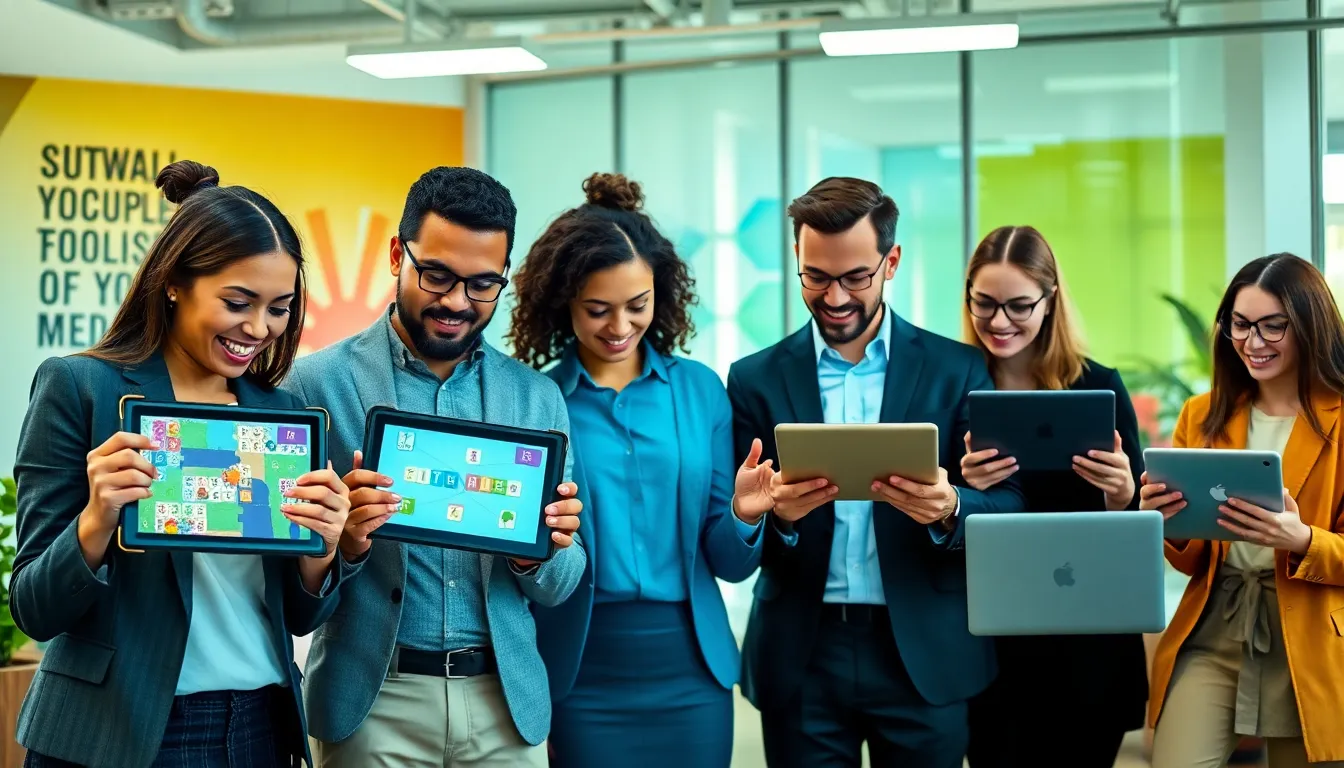 diverse adults using educational game apps in a modern office setting.