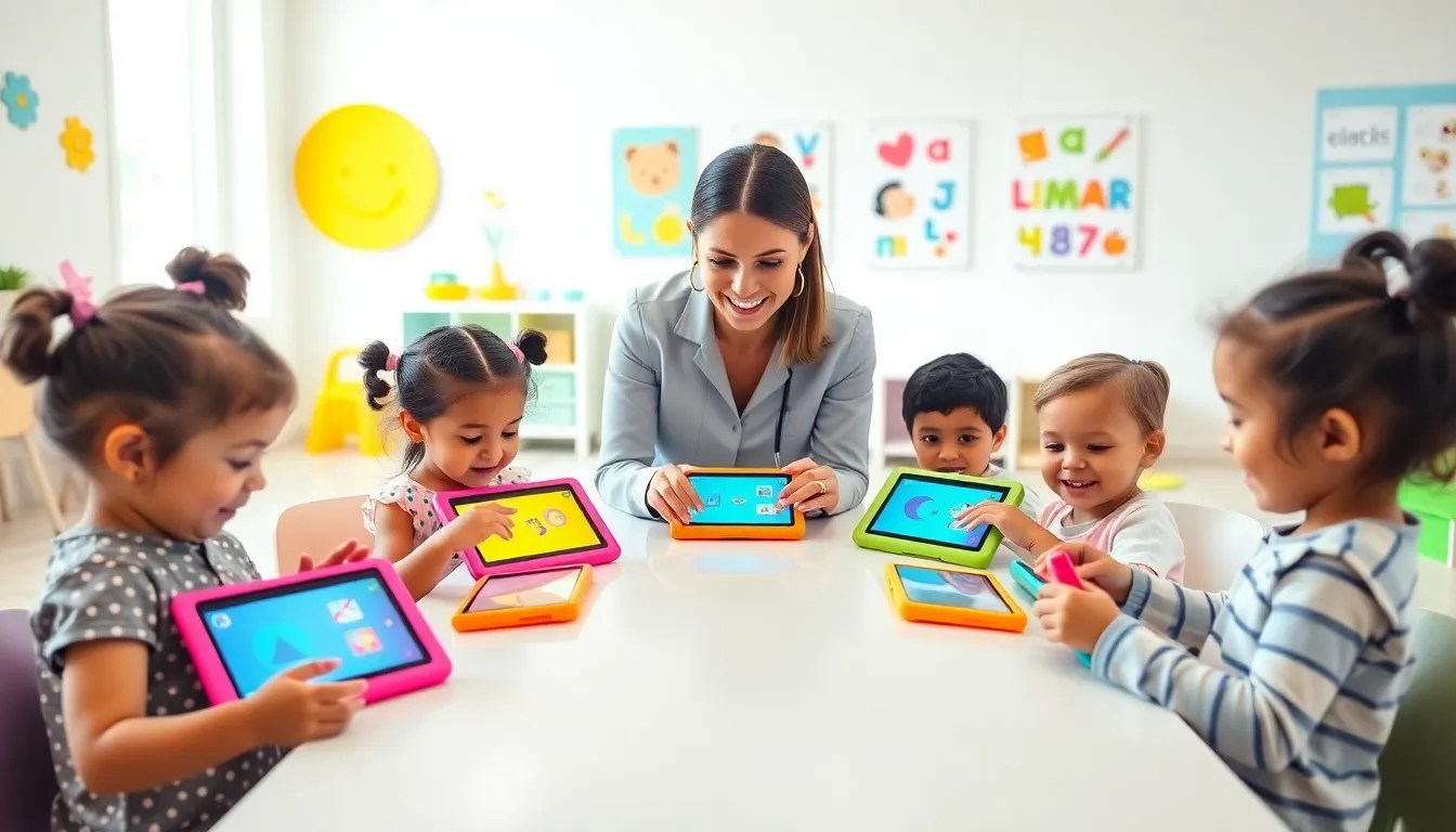 toddlers interacting with educational apps in a bright daycare setting.