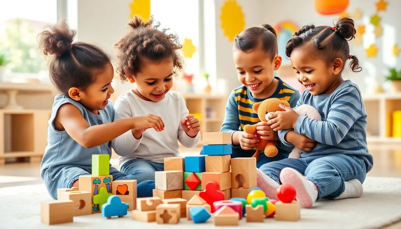 toddlers engaging with educational toys in a vibrant playroom.