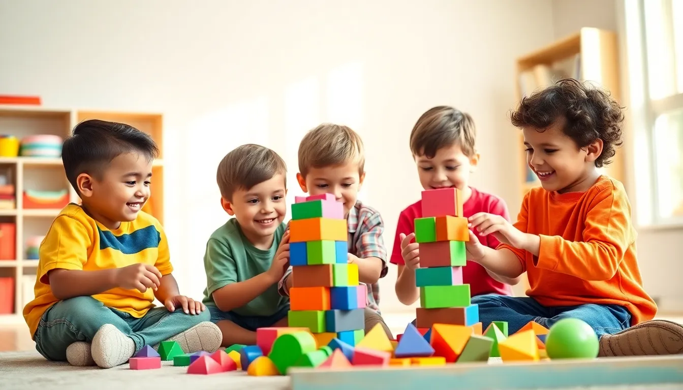 diverse boys playing with educational toys in a colorful playroom.