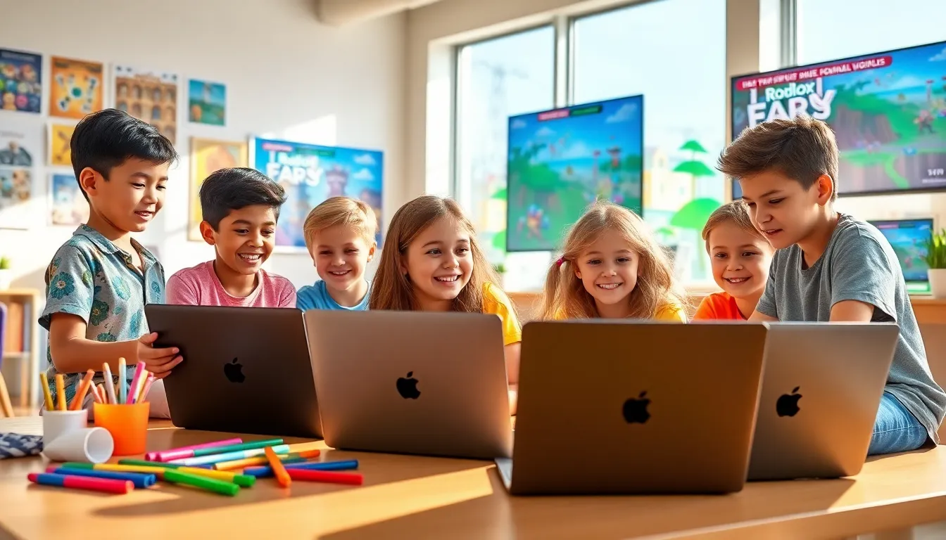 children collaborating in a bright classroom for a Roblox summer camp.
