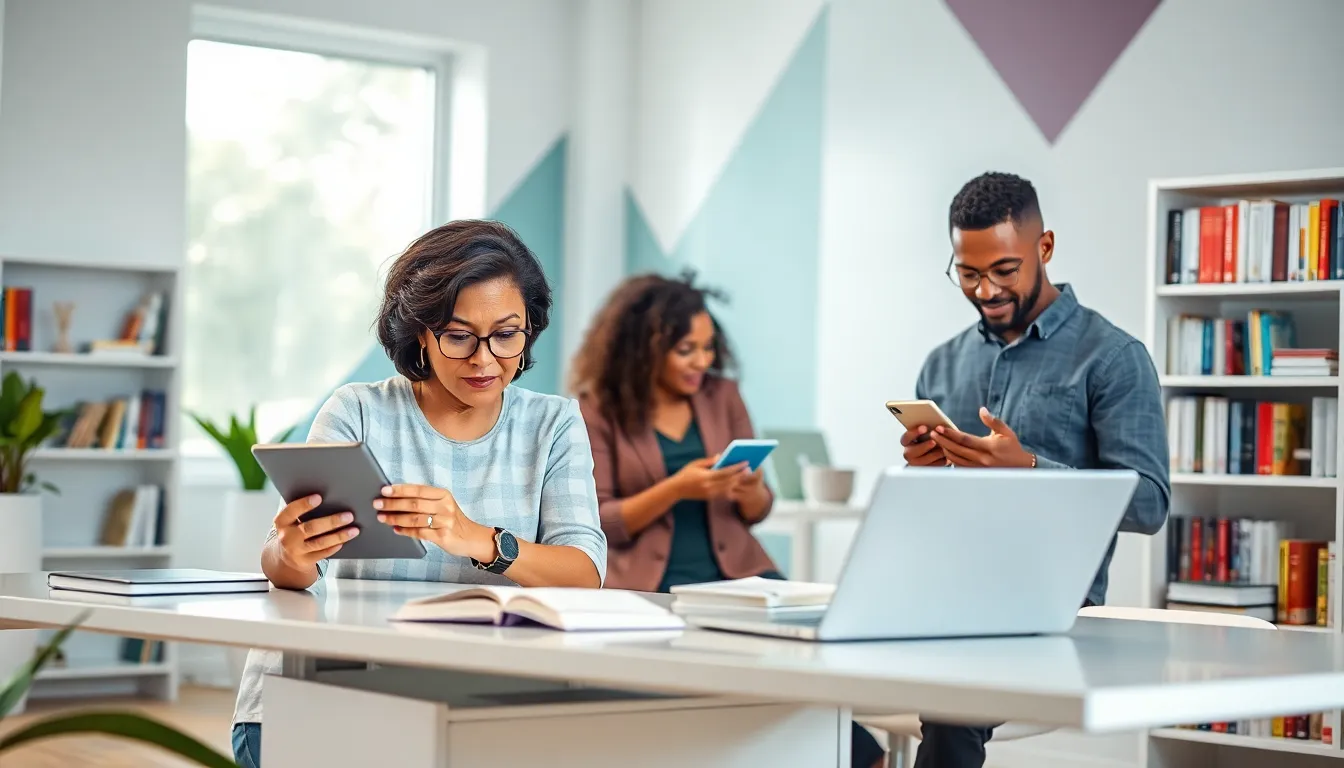 diverse adults using educational apps in a modern workspace.