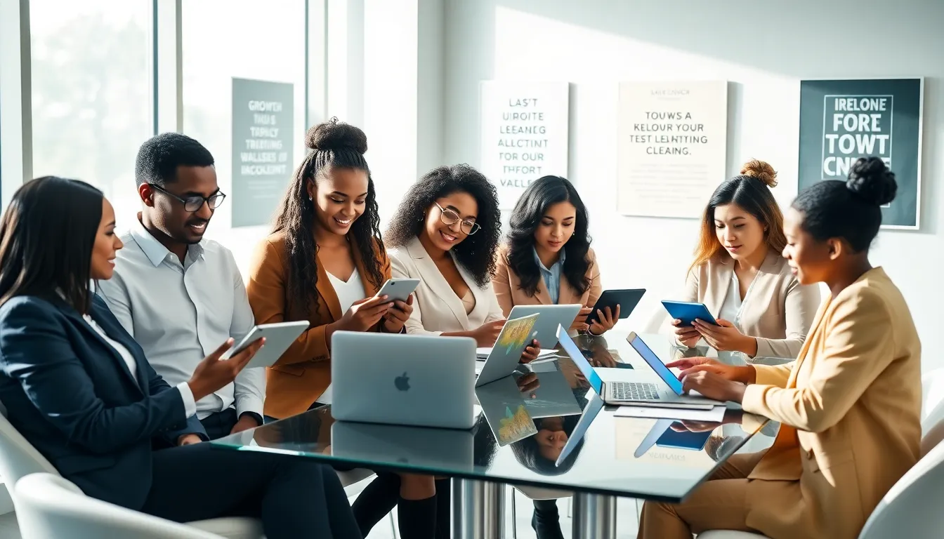 diverse professionals using educational apps in a modern office.