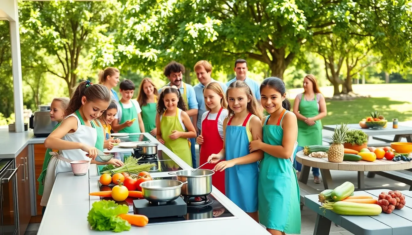 children cooking at a summer camp, surrounded by fresh ingredients.