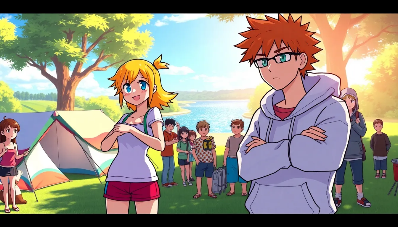 diverse characters enjoying summer camp activities in a bright setting.