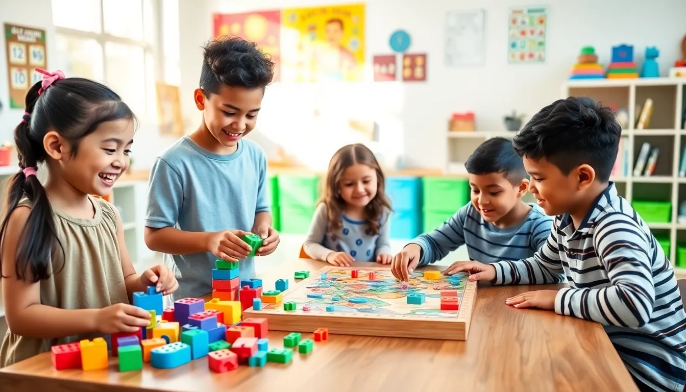 children playing with educational toys in a bright classroom setting.