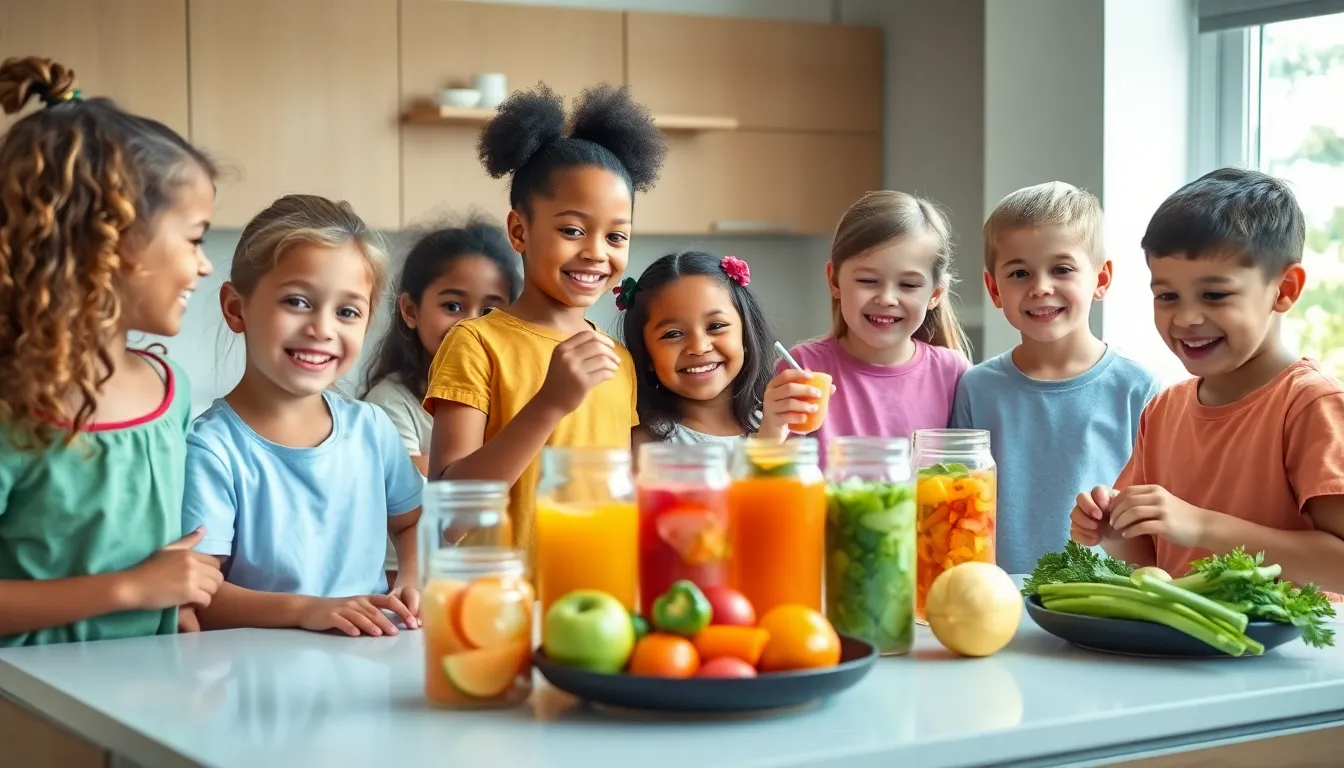 children preparing nutritious drinks in a bright kitchen.