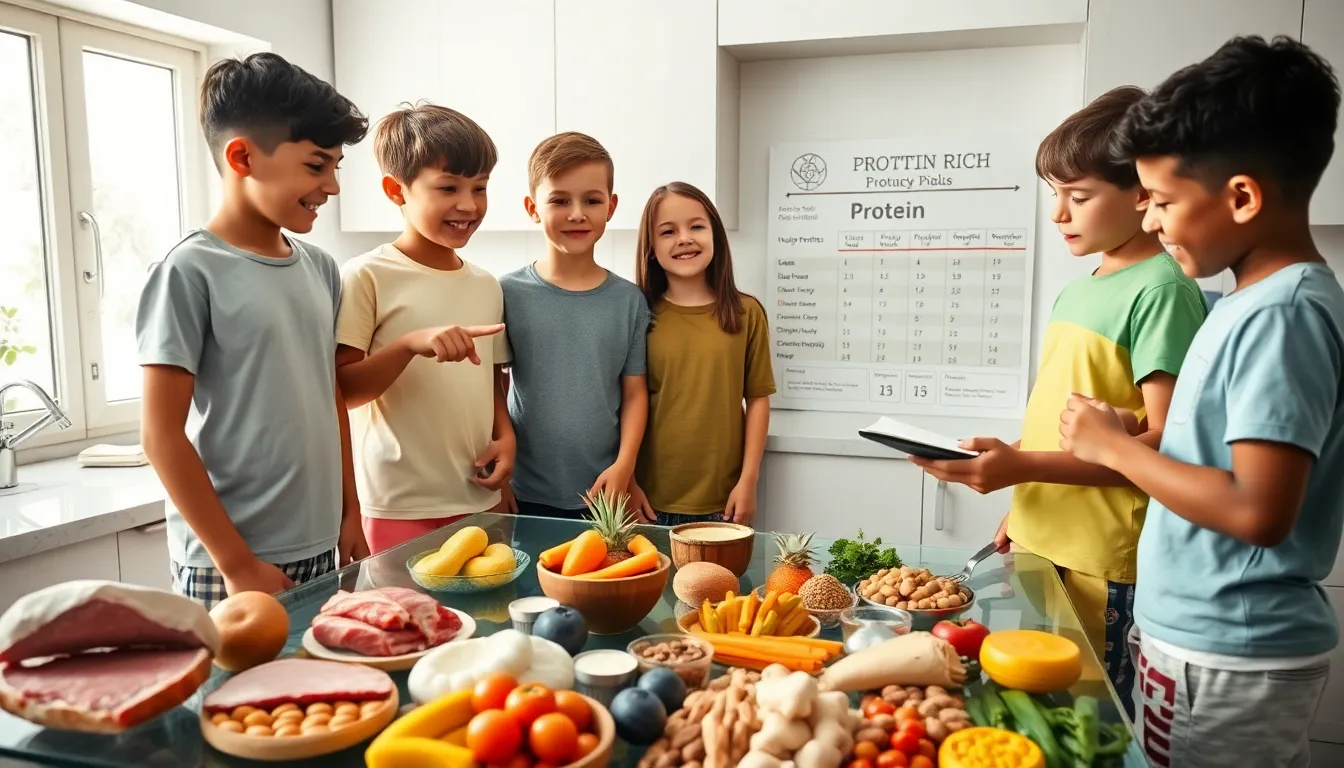 children discussing protein needs in a bright kitchen.